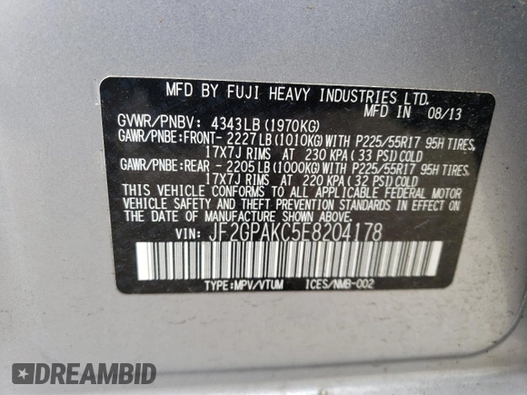 2014 Subaru Crosstrek Limited z VIN JF2GPAKC5E8204178, wystawiony jako Copart lot #55100855 z przebiegiem 96 134 mil mil oraz Szkoda całkowita • Salvage title. Historia ofert i sprzedaży dostępna na DreamBid. Obrazek 14.