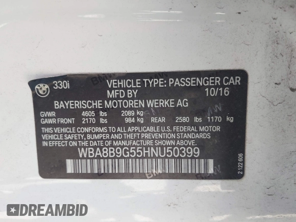 2017 BMW 3 Series 330i с VIN WBA8B9G55HNU50399, выставлен на аукционе IAAI как лот 42630561 с пробегом 60 176 миль миль и . История ставок и продаж доступна на DreamBid. Изображение 9.