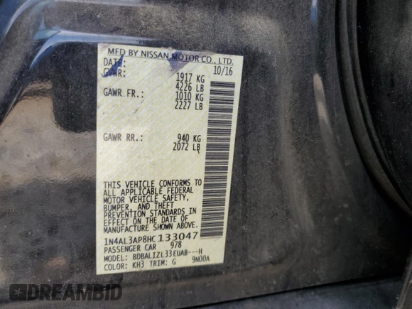 2017 Nissan Altima SR with VIN 1N4AL3AP8HC133047, listed as a Copart auction lot 59566745 with Not provided miles and Salvage title. Bid and sale history available at DreamBid. Image 13.