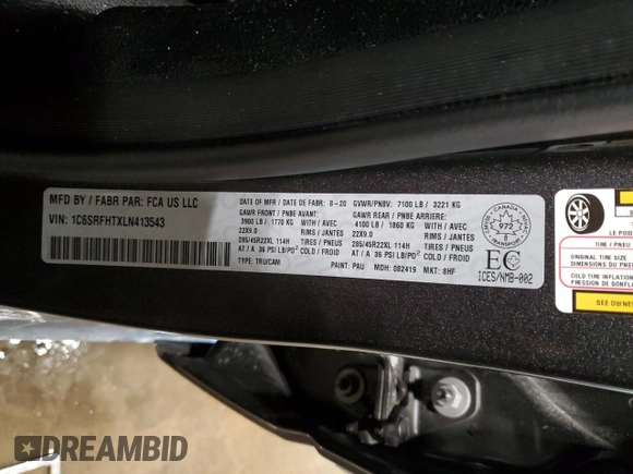 2020 Ram 1500 Limited with VIN 1C6SRFHTXLN413543, listed as a Copart auction lot 45382985 with 52,586 mi miles and Clean Title. Bid and sale history available at carsss.com. Image 13.