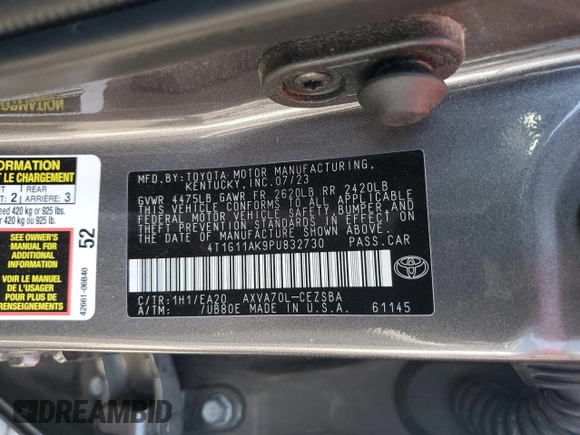 2023 Toyota Camry SE z VIN 4T1G11AK9PU832730, wystawiony jako Copart lot #49294455 z przebiegiem 46 194 mil mil oraz Szkoda całkowita • Salvage title. Historia ofert i sprzedaży dostępna na DreamBid. Obrazek 12.