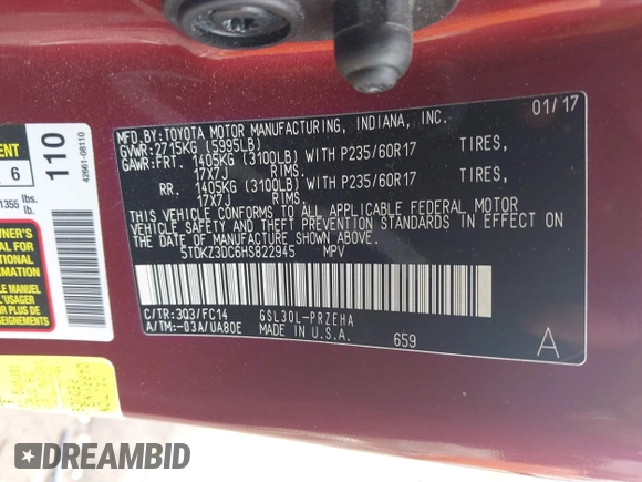 2017 Toyota Sienna LE Auto Access Seat with VIN 5TDKZ3DC6HS822945, listed as a IAAI auction lot 42094629 with 171,450 mi miles and . Bid and sale history available at DreamBid. Image 9.