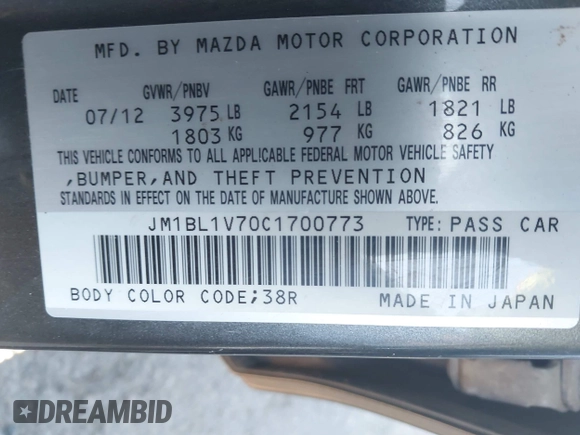 2012 Mazda 3 i Touring with VIN JM1BL1V70C1700773, listed as a IAAI auction lot 42607321 with 141,873 mi miles and . Bid and sale history available at DreamBid. Image 9.