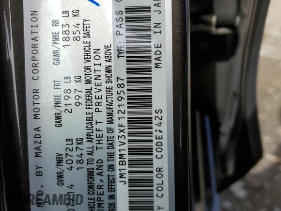 2015 Mazda 3 S Touring with VIN JM1BM1V3XF1219587, listed as a Copart auction lot 49491275 with 87,880 mi miles and Salvage Title. Bid and sale history available at DreamBid. Image 12.