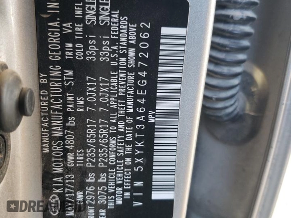 2014 Kia Sorento LX with VIN 5XYKT3A64EG472062, listed as a Copart auction lot 78656314 with 180,708 mi miles and Salvage Title. Bid and sale history available at DreamBid. Image 13.