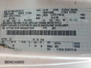 2010 Ford Econoline Cargo Commercial with VIN 1FTNE1EW1ADA07205, listed as a Copart auction lot 55904025 with 309,958 mi miles and Clean Title. Bid and sale history available at DreamBid. Image 13.