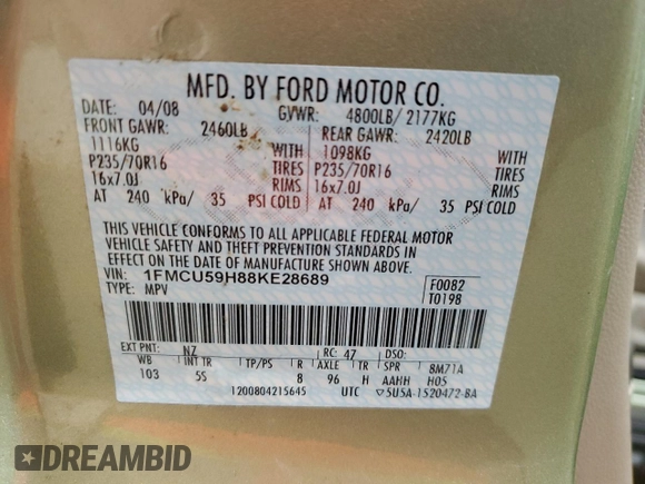 2008 Ford Escape Hybrid z VIN 1FMCU59H88KE28689, wystawiony jako Copart lot #50769085 z przebiegiem 217 681 mil mil oraz Czysty tytuł • Clean title. Historia ofert i sprzedaży dostępna na DreamBid. Obrazek 13.