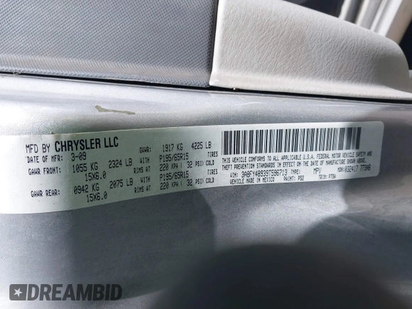 2009 Chrysler PT Cruiser with VIN 3A8FY48939T596713, listed as a IAAI auction lot 41785287 with 161,572 mi miles and . Bid and sale history available at DreamBid. Image 9.