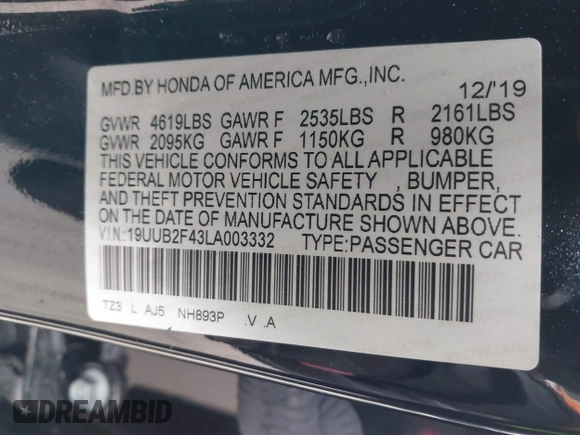 2020 Acura TLX w/Technology Pkg with VIN 19UUB2F43LA003332, listed as a IAAI auction lot 41630479 with 56,237 mi miles. Bid and sale history available at carsss.com. Image 9.