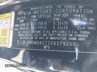 2014 Kia Sedona LX with VIN KNDMG4C71E6579260, listed as a IAAI auction lot 41985403 with 93,523 mi miles. Bid and sale history available at carsss.com. Image 9.