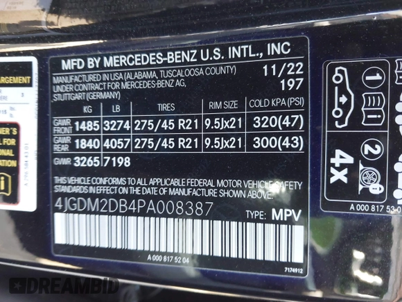 2023 Mercedes-Benz EQS 450+ z VIN 4JGDM2DB4PA008387, wystawiony jako IAAI lot #39736557 z przebiegiem 11 160 mil mil oraz . Historia ofert i sprzedaży dostępna na DreamBid. Obrazek 9.
