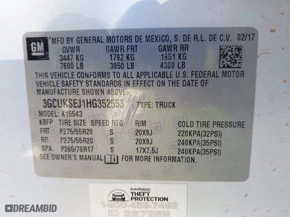 2017 Chevrolet Silverado 1500 LTZ with VIN 3GCUKSEJ1HG352553, listed as a IAAI auction lot 41852204 with 87,883 mi miles. Bid and sale history available at carsss.com. Image 9.