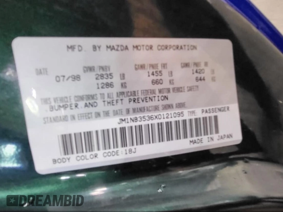 1999 Mazda MX-5 Miata z VIN JM1NB3536X0121095, wystawiony jako IAAI lot #42138447 z przebiegiem 146 636 mil mil oraz . Historia ofert i sprzedaży dostępna na DreamBid. Obrazek 8.