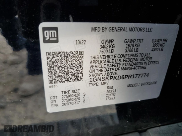 2023 Chevrolet Tahoe Z71 with VIN 1GNSKPKD6PR177774, listed as a Copart auction lot 50601105 with 62,674 mi miles and Salvage title. Bid and sale history available at DreamBid. Image 13.