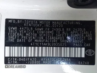 2020 Toyota Camry LE with VIN 4T1C11AK9LU935025, listed as a IAAI auction lot 42054033 with 63,814 mi miles and . Bid and sale history available at carsss.com. Image 9.