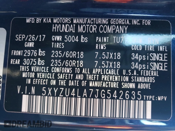 2018 Hyundai Santa Fe 2.0T с VIN 5XYZU4LA7JG542635, выставлен на аукционе Copart как лот 80348584 с пробегом 115 581 миль миль и Списание • Salvage title. История ставок и продаж доступна на DreamBid. Изображение 14.