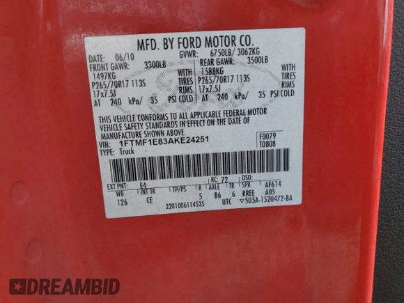 2010 Ford F-150 XL with VIN 1FTMF1E83AKE24251, listed as a Copart auction lot 48004625 with 106,467 mi miles and Salvage Title. Bid and sale history available at DreamBid. Image 12.