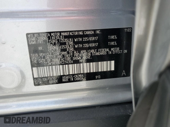 2023 Toyota RAV4 XLE с VIN 2T3W1RFVXPC214354, выставлен на аукционе Copart как лот 56213515 с пробегом 9 222 миль миль и Списание • Salvage title. История ставок и продаж доступна на DreamBid. Изображение 13.