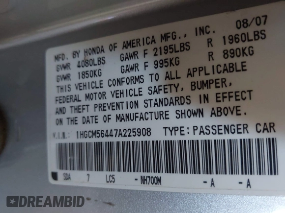 2007 Honda Accord LX with VIN 1HGCM56447A225908, listed as a IAAI auction lot 42367453 with 125,205 mi miles and . Bid and sale history available at DreamBid. Image 9.