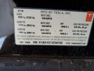 2018 Tesla Model S 75D with VIN 5YJSA1E27JF264759, listed as a Copart auction lot 59610855 with 104,375 mi miles and Salvage title. Bid and sale history available at DreamBid. Image 12.