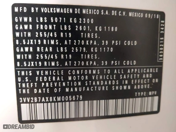 2019 Volkswagen Tiguan SE with VIN 3VV2B7AX8KM005679, listed as a IAAI auction lot 42024471 with 18,775 mi miles. Bid and sale history available at carsss.com. Image 9.