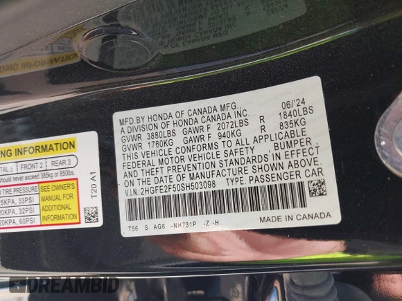 2025 Honda Civic Sport with VIN 2HGFE2F50SH503098, listed as a IAAI auction lot 42086699 with Not provided miles and . Bid and sale history available at DreamBid. Image 9.