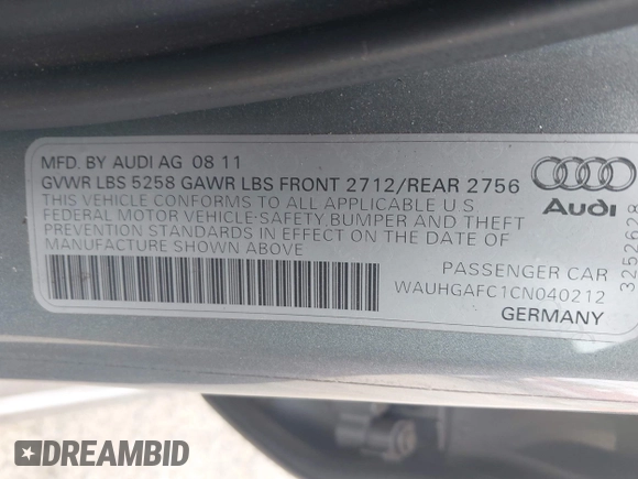 2012 Audi A6 Prestige with VIN WAUHGAFC1CN040212, listed as a IAAI auction lot 42167070 with 155,492 mi miles and . Bid and sale history available at DreamBid. Image 9.