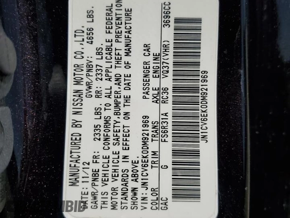 2013 Infiniti G37 IPL with VIN JN1CV6EK0DM921969, listed as a Copart auction lot 48526045 with 148,656 mi miles and Clean Title. Bid and sale history available at carsss.com. Image 12.