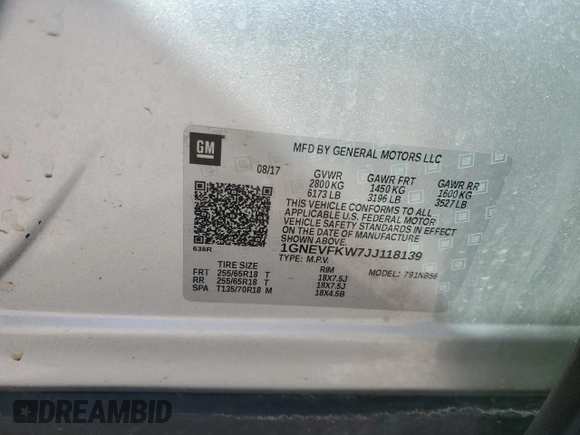 2018 Chevrolet Traverse LS with VIN 1GNEVFKW7JJ118139, listed as a Copart auction lot 51770795 with 122,953 mi miles and Non Repairable. Bid and sale history available at carsss.com. Image 12.