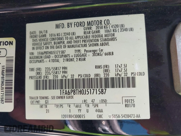 2018 Ford Mustang EcoBoost with VIN 1FA6P8TH0J5171587, listed as a IAAI auction lot 42591299 with Not provided miles and . Bid and sale history available at DreamBid. Image 9.