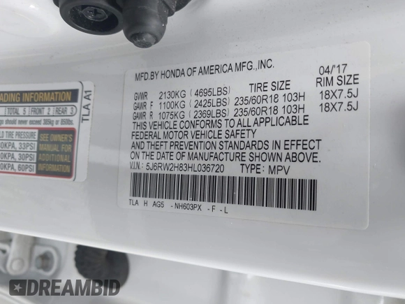 2017 Honda CR-V EX-L with VIN 5J6RW2H83HL036720, listed as a IAAI auction lot 41888202 with 61,257 mi miles. Bid and sale history available at carsss.com. Image 9.