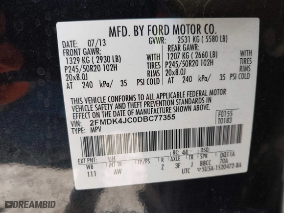 2013 Ford Edge SEL with VIN 2FMDK4JC0DBC77355, listed as a IAAI auction lot 41903084 with 110,374 mi miles. Bid and sale history available at carsss.com. Image 9.