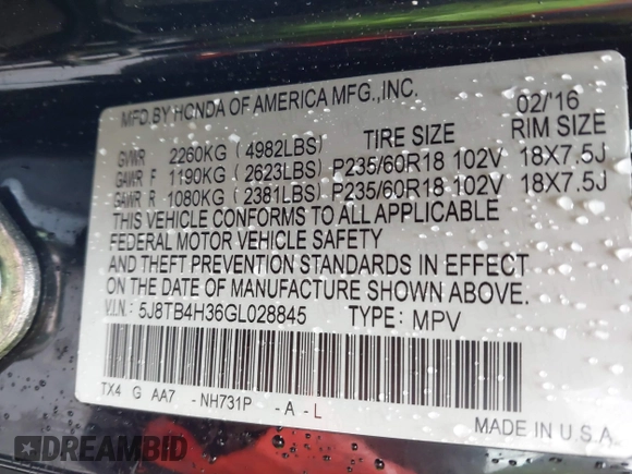 2016 Acura RDX with VIN 5J8TB4H36GL028845, listed as a IAAI auction lot 41941379 with 42,760 mi miles. Bid and sale history available at carsss.com. Image 9.
