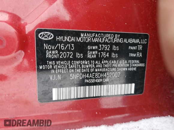 2013 Hyundai Elantra GLS with VIN 5NPDH4AE8DH452007, listed as a Copart auction lot 45407685 with 160,345 mi miles and Clean title. Bid and sale history available at DreamBid. Image 12.