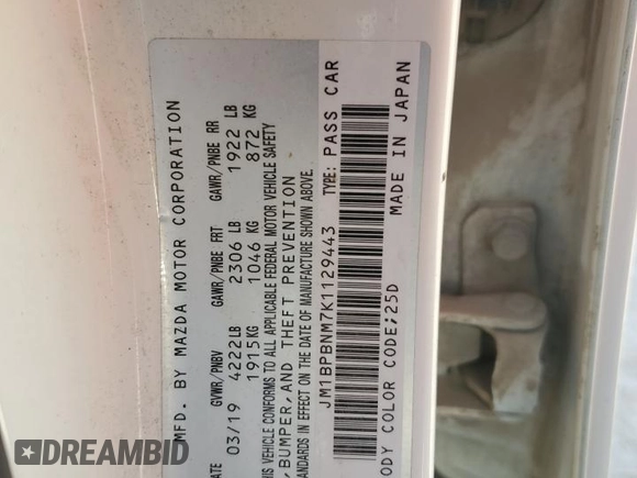 2019 Mazda Mazda3 Hatchback w/Premium Pkg with VIN JM1BPBNM7K1129443, listed as a Copart auction lot 65935074 with 44,567 mi miles and Salvage Title. Bid and sale history available at carsss.com. Image 12.