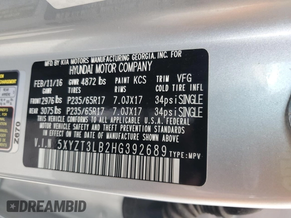 2017 Hyundai Santa Fe 2.4L z VIN 5XYZT3LB2HG392689, wystawiony jako Copart lot #59354795 z przebiegiem 54 525 mil mil oraz Szkoda całkowita • Salvage title. Historia ofert i sprzedaży dostępna na DreamBid. Obrazek 14.