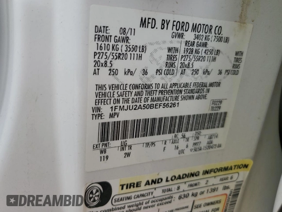 2011 Ford Expedition Limited z VIN 1FMJU2A50BEF56261, wystawiony jako Copart lot #53722465 z przebiegiem 184 434 mil mil oraz Szkoda całkowita • Salvage title. Historia ofert i sprzedaży dostępna na DreamBid. Obrazek 16.
