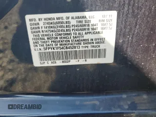 2012 Honda Ridgeline RTL with VIN 5FPYK1F54CB452813, listed as a Copart auction lot 62020825 with 79,176 mi miles and Salvage title. Bid and sale history available at DreamBid. Image 12.