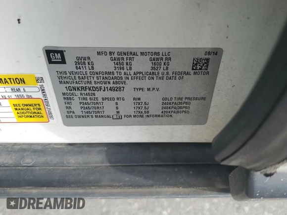 2015 Chevrolet Traverse LS z VIN 1GNKRFKD5FJ149287, wystawiony jako Copart lot #58641485 z przebiegiem 154 681 mil mil oraz Szkoda całkowita • Salvage title. Historia ofert i sprzedaży dostępna na DreamBid. Obrazek 13.