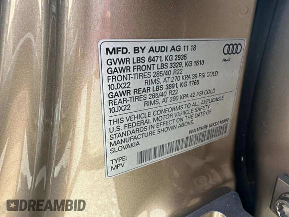 2019 Audi Q8 Prestige with VIN WA1FVBF18KD015892, listed as a Copart auction lot 52225795 with 61,436 mi miles and Clean title. Bid and sale history available at DreamBid. Image 10.