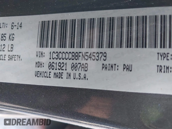 2015 Chrysler 200 C with VIN 1C3CCCCB8FN545379, listed as a IAAI auction lot 41646308 with 169,082 mi miles. Bid and sale history available at carsss.com. Image 9.