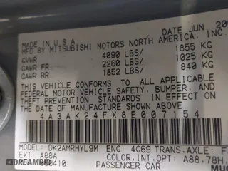 2008 Mitsubishi Eclipse GS with VIN 4A3AK24FX8E007154, listed as a IAAI auction lot 41371072 with 134,549 mi miles. Bid and sale history available at carsss.com. Image 9.