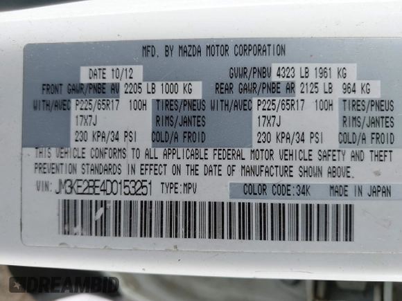 2013 Mazda CX-5 Sport with VIN JM3KE2BE4D0153251, listed as a IAAI auction lot 42297235 with 177,019 mi miles and . Bid and sale history available at DreamBid. Image 9.