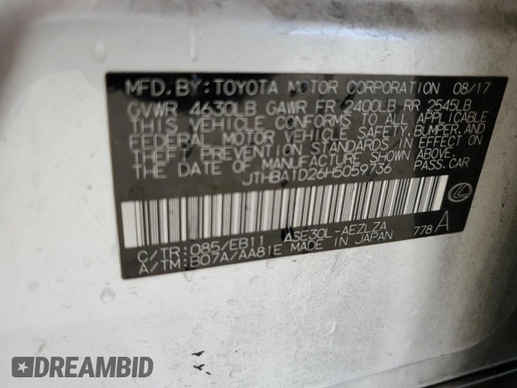 2017 Lexus IS 200t with VIN JTHBA1D26H5059736, listed as a Copart auction lot 52641675 with 120,602 mi miles and Salvage title. Bid and sale history available at DreamBid. Image 14.