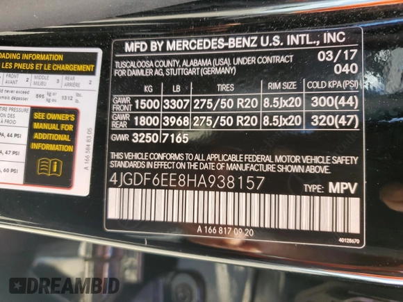 2017 Mercedes-Benz GLS 450 with VIN 4JGDF6EE8HA938157, listed as a Copart auction lot 50712854 with 85,280 mi miles and . Bid and sale history available at DreamBid. Image 13.