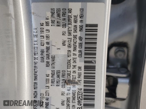 2021 Mazda 3 Select with VIN 3MZBPBBL4MM253314, listed as a Copart auction lot 47043885 with 100,922 mi miles and Non Repairable. Bid and sale history available at carsss.com. Image 12.