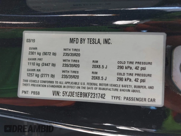 2019 Tesla Model 3 Long Range with VIN 5YJ3E1EB9KF231742, listed as a IAAI auction lot 42114608 with 86,657 mi miles and . Bid and sale history available at DreamBid. Image 9.
