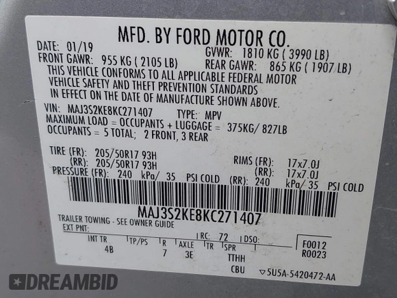 2019 Ford EcoSport Titanium with VIN MAJ3S2KE8KC271407, listed as a IAAI auction lot 39585454 with 74,104 mi miles and . Bid and sale history available at DreamBid. Image 9.
