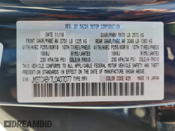 2020 Mazda CX-9 Sport z VIN JM3TCABY7L0407077, wystawiony jako Copart lot #72961604 z przebiegiem 48 837 mil mil oraz Szkoda całkowita • Salvage title. Historia ofert i sprzedaży dostępna na DreamBid. Obrazek 14.