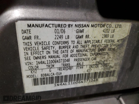 2006 Nissan Altima S z VIN 1N4AL11D06N371048, wystawiony jako Copart lot #57991445 z przebiegiem 77 274 mil mil oraz Szkoda całkowita • Salvage title. Historia ofert i sprzedaży dostępna na DreamBid. Obrazek 13.